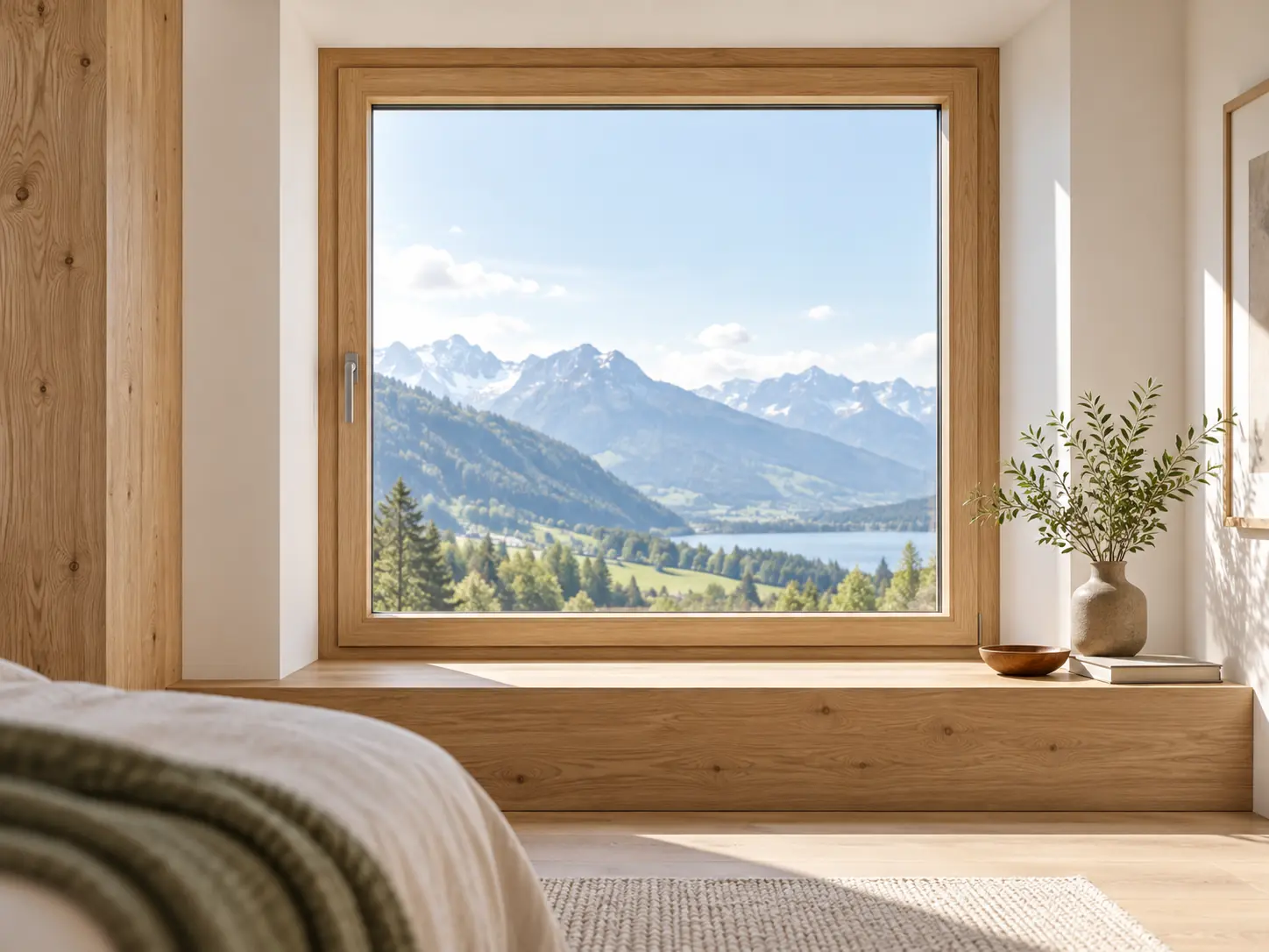 Natürliches Holzfenster in einem hellen Wohnraum
